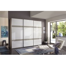Wiemann Rialto 250 cm3 Door Sliding Door Wardrobe with Front in White Glass and 2 Cross Trim with Pebble Glass Finish Wiemann Rialto 250 cm3 Door Sliding Door Wardrobe with Front in White Glass and 2 Cross Trim with Pebble Glass Finish