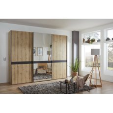Wiemann Rialto 250 cm 3 Door Sliding Door Wardrobe with Front in Wooden Bianco Oak Doors and Middle Mirror and 1 Cross Trim with Slate Finish Wiemann Rialto 250 cm 3 Door Sliding Door Wardrobe with Front in Wooden Bianco Oak Doors and Middle Mirror and 1 Cross Trim with Slate Finish