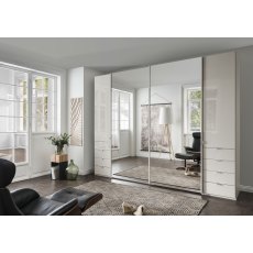 Wiemann Nizza 250 cm 4 Door 4 Drawer 2 Outer Left and Right Hinged Door and 2 Centre Sliding Door with Front in White Glass Wiemann Nizza 250 cm 4 Door 4 Drawer 2 Outer Left and Right Hinged Door and 2 Centre Sliding Door with Front in White Glass