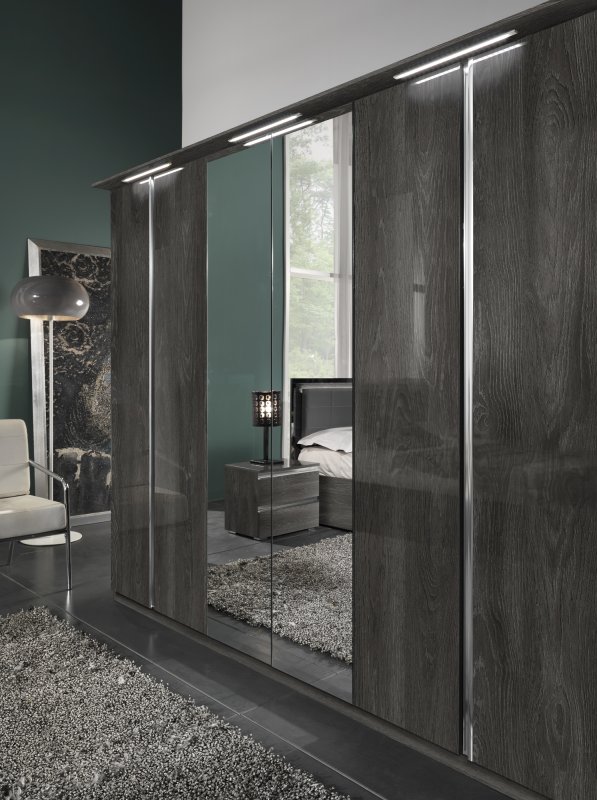 MCS SRL Italy MCS Oxford Grey High Gloss 6 Door Wardrobe With 2 Mirror Door