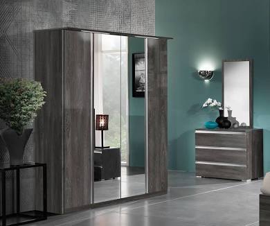 MCS SRL Italy MCS Oxford Grey High Gloss 4 Door Wardrobe With 2 Mirror Door