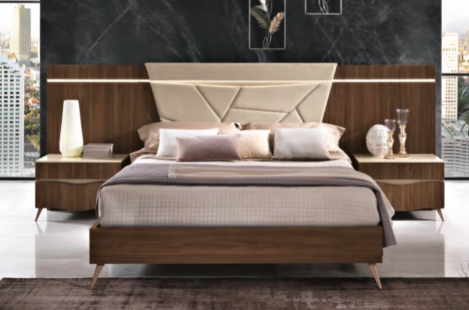 Saltarelli Mobili Saltarelli Emozioni Walnut Bed With Upholstered Headboard and Nightstand Back Panels, Sides and Foot