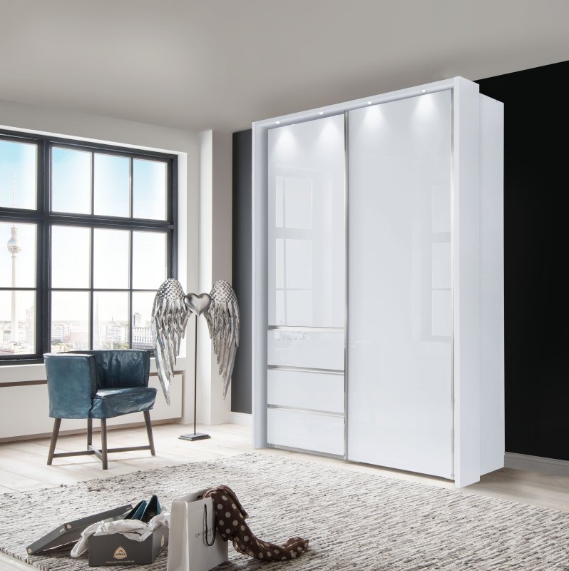 Wiemann Malibu 165 cm 2  Door Sliding Wardrobe  With  Front White Glass Doors and Drawers