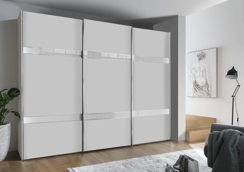 Wiemann Rialto 250 cm3 Door Sliding Door Wardrobe with Front in White Glass and 2 Cross Trim with White Glass Finish